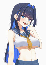 Rule 34 | 1girl, absurdres, alternate costume, bangom r, bare arms, bare shoulders, blue eyes, blunt bangs, blush, breasts, colored inner hair, covered erect nipples, crop top, finger in own mouth, highres, hololive, hololive english, large breasts, long hair, medium breasts, midriff, multicolored hair, navel, neckerchief, open mouth, ouro kronii, solo, underboob, upper body, virtual youtuber, yellow neckerchief