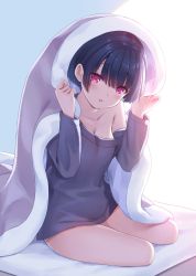 Rule 34 | 1girl, bare legs, black hair, blanket, blue sweater, blush, breasts, collarbone, commentary request, hands up, highres, holding, holding blanket, looking at viewer, medium breasts, na-ga, naked sweater, off-shoulder sweater, off shoulder, on bed, open mouth, original, red eyes, short hair, sidelocks, single bare shoulder, sitting, solo, sweater, thighs, under covers, yokozuwari