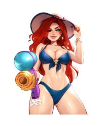 Rule 34 | 1girl, alternate costume, artist name, bare shoulders, bikini, black hair, blurry, blurry background, blushyspicy, bracelet, breasts, cleavage, commentary, cowboy shot, dated, earrings, eyepatch, green eyes, hat, holding, holding water gun, hoop earrings, jewelry, large breasts, league of legends, long hair, looking at viewer, miss fortune (league of legends), nail polish, navel, parted lips, pool party (league of legends), pool party miss fortune, red bikini, red hair, red nails, shiny skin, smile, solo, swimsuit, water gun, wet