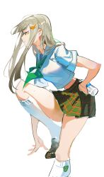 Rule 34 | 1girl, blouse, bottle, breasts, brown footwear, character request, collarbone, copyright request, green neckerchief, green skirt, hand on own hip, highres, holding, holding bottle, knee up, kneehighs, lan yansuanyan, large breasts, legs, light brown hair, light frown, long hair, long legs, looking to the side, midriff, neckerchief, pleated skirt, red eyes, school uniform, serafuku, shirt, shoes, short sleeves, sidelocks, sketch, skirt, socks, solo, thighs, very long hair, water bottle, white serafuku, white shirt, white socks