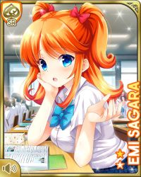Rule 34 | 3boys, 4girls, blouse, blue bow, blue eyes, book, bow, breasts, card, character name, classroom, desk, girlfriend (kari), hair ornament, hand on own face, indoors, large breasts, looking at viewer, multiple boys, multiple girls, official art, open hand, orange hair, plaid, plaid skirt, qp:flapper, red bow, sagara emi, school uniform, shirt, sitting, skirt, sweat, tagme, twintails, white shirt, window