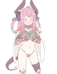 Rule 34 | &gt;:&gt;, 1girl, :&gt;, armor, bikini armor, black socks, blade (galaxist), blush, breast conscious, cape, closed eyes, closed mouth, cowboy shot, dragon girl, dragon tail, elizabeth bathory (brave) (fate), elizabeth bathory (fate), elizabeth bathory (fate/extra ccc), facing viewer, fate/grand order, fate (series), gauntlets, gem, greaves, hair ornament, hairband, horns, kneehighs, long hair, navel, pink hair, red armor, simple background, single kneehigh, single sock, single thighhigh, slime (dragon quest), smile, socks, standing, tail, thighhighs, v-shaped eyebrows, white background, white cape