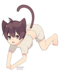 Rule 34 | 1boy, ahoge, animal ears, arakokra, artist name, brown eyes, brown hair, cat boy, cat ears, cat tail, extra ears, feet, hair between eyes, highres, male focus, midriff, open mouth, original, shirt, shorts, simple background, t-shirt, tail, white background