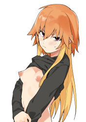 Rule 34 | 1girl, :c, annoyed, black shirt, blonde hair, blush, breasts, cleavage, closed mouth, clothes lift, embarrassed, eyebrows hidden by hair, from side, frown, hair between eyes, hair extensions, hand on own arm, holding own arm, idolmaster, idolmaster cinderella girls, long hair, long sleeves, looking at viewer, looking to the side, muchi maro, multicolored hair, narrowed eyes, navel, ninomiya asuka, nipples, no bra, orange hair, perky breasts, purple eyes, shirt, shirt lift, simple background, small breasts, solo, stomach, sweat, tsurime, two-tone hair, upper body, v-shaped eyebrows, white background