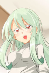 Rule 34 | 1girl, :d, anzai romi, blurry, blurry background, commentary, girls und panzer saishuushou, green hair, grey sweater, highres, jinguu (4839ms), long hair, long sleeves, looking at viewer, open mouth, red eyes, sketch, smile, solo, sweater, turtleneck, upper body