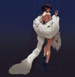 Rule 34 | 1girl, arms up, bare back, bare shoulders, black background, black hair, blue background, cape, commentary, english commentary, full body, fur cape, gradient background, high heels, highres, looking to the side, lucia hsiang, medium hair, original, parted lips, profile, simple background, solo, standing, standing on one leg
