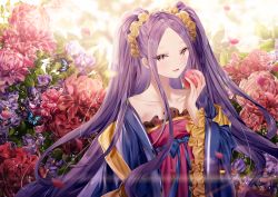 Rule 34 | 1girl, :d, absurdres, animal, blue bow, bow, bug, butterfly, chinese clothes, collarbone, commentary request, dress, fang, fate/grand order, fate (series), flower, food, forehead, frilled dress, frills, fruit, hair ornament, hair scrunchie, hanfu, highres, holding, holding food, huge filesize, insect, junpaku karen, looking at viewer, open clothes, open mouth, parted bangs, peach, purple flower, purple hair, red dress, red eyes, red flower, scrunchie, shawl, sidelocks, smile, solo, strapless, strapless dress, two side up, wu zetian (fate), wu zetian (first ascension) (fate), yellow scrunchie