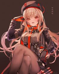 Rule 34 | 1girl, ammunition belt, arm pouch, arm rest, beret, black choker, black gloves, black hat, black jacket, black leotard, brown hair, brown thighhighs, choker, clenched hand, collared leotard, cropped jacket, crossed legs, feet out of frame, gloves, goddess of victory: nikke, hand on own head, hat, highres, invisible chair, jacket, kuqfh, legs, leotard, long hair, looking at viewer, multicolored clothes, multicolored jacket, necktie, open mouth, rapi (nikke), red eyes, red gloves, red necktie, simple background, sitting, solo, teeth, thighhighs, two-tone gloves, two-tone jacket