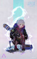Rule 34 | 1girl, alternate costume, animification, apex legends, assault rifle, black footwear, black jacket, blue eyes, boots, chain, ear piercing, electricity, facial scar, gradient hair, grey hair, gun, hair behind ear, highres, holding, holding gun, holding weapon, hood, hooded jacket, jacket, multicolored hair, open mouth, passimo, piercing, pink hair, rifle, scar, scar on cheek, scar on face, shell casing, short hair, smile, solo, squatting, vk-47 flatline, wattson (apex legends), weapon