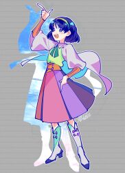 Rule 34 | 1girl, alternate costume, ascot, blue eyes, blue hair, boots, commentary, full body, green ascot, hairband, hand up, highres, multicolored clothes, multicolored hairband, pointing, pointing up, shikido (khf), smile, solo, symbol-only commentary, tenkyuu chimata, touhou, white footwear