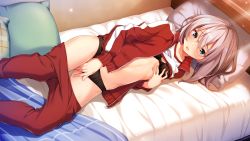 Rule 34 | 1girl, black bra, black panties, blue eyes, blush, bra, breasts, clothes lift, clothes pull, female masturbation, fingering, game cg, grabbing own breast, hair between eyes, highres, jacket, long hair, long sleeves, lying, masturbation, on bed, on side, onaji class no idol-san. around me is full by a celebrity., open clothes, open jacket, open mouth, panties, pants, pants pull, pillow, pussy juice, red jacket, red pants, shirt, shirt lift, silver hair, small breasts, solo, straight hair, striped bra, striped clothes, striped panties, takanashi ei, track jacket, track pants, track suit, unasaka ryou, underwear, vertical-striped bra, vertical-striped clothes, vertical-striped panties, white shirt