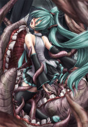 Rule 34 | 1girl, bare shoulders, black thighhighs, blush, boots, detached sleeves, closed eyes, faith (sbi), green hair, hatsune miku, long hair, necktie, number tattoo, open mouth, restrained, saliva, skirt, solo, tattoo, teeth, tentacle sex, tentacles, thigh boots, thighhighs, twintails, very long hair, vocaloid, vore, zettai ryouiki