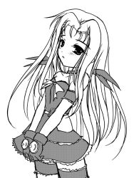 Rule 34 | 00s, 1girl, asclepius (nanoha), bow, frapowa, frills, gem, gloves, greyscale, long hair, looking at viewer, lutecia, lutecia alpine, lyrical nanoha, magical girl, mahou shoujo lyrical nanoha, mahou shoujo lyrical nanoha strikers, monochrome, simple background, solo, standing, thigh strap, thighhighs, very long hair, white background, zettai ryouiki