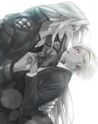 Rule 34 | 1boy, 1girl, alternate costume, aqua eyes, asymmetrical bangs, couple, elena (ff7), final fantasy, final fantasy vii, formal, greyscale, hand on another&#039;s back, highres, holding hands, jacket, long hair, monochrome, mouth hold, necktie, necktie in mouth, open mouth, orange eyes, parted bangs, removing glove, sephiroth, shirt, short hair, spot color, spykeee, suit, teeth, upper body, upper teeth only, white background, white shirt