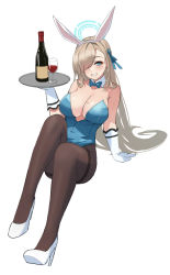 Rule 34 | 1girl, animal ears, arm support, asuna (blue archive), asuna (bunny) (blue archive), bare shoulders, blue archive, blue leotard, blush, bottle, breasts, brown hair, brown pantyhose, cleavage, cup, detached collar, drinking glass, fake animal ears, full body, gloves, grin, hair over one eye, hairband, halo, high heels, highres, holding, holding tray, large breasts, leotard, long hair, looking at viewer, mole, mole on breast, pantyhose, playboy bunny, rabbit ears, sitting, smile, solo, thighband pantyhose, tray, unfinished, vococo, white footwear, white gloves, wine bottle, wine glass