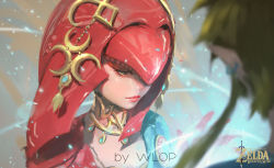 Rule 34 | 1boy, 1girl, colored skin, commentary, downcast eyes, eyelashes, fish girl, gorget, hair ornament, hair over one eye, link, lips, long hair, mipha, monster girl, multicolored skin, nintendo, no eyebrows, red hair, red skin, sad, solo focus, the legend of zelda, the legend of zelda: breath of the wild, white skin, wlop, yellow eyes, zora