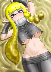 Rule 34 | 1girl, agent 3 (splatoon 3), asymmetrical hair, black pants, blonde hair, blue eyes, blush, braid, breasts, closed mouth, eyebrows, female focus, from above, highres, inkling, inkling girl, inkling player character, large breasts, long hair, lying, navel, nintendo, on back, pants, pero (pero7762), pointy ears, shirt, single braid, solo, splatoon (series), splatoon 3, split mouth, stomach, tentacle hair, torn clothes, torn shirt, underboob, wrist wrap