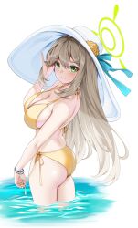 Rule 34 | 1girl, adjusting hair, ass, bikini, blonde hair, blue archive, blush, bracelet, breasts, closed mouth, flower, green eyes, halo, hat, hat flower, highres, jewelry, large breasts, long hair, looking at viewer, matrix16, nonomi (blue archive), nonomi (swimsuit) (blue archive), smile, solo, strap gap, sun hat, swimsuit, very long hair, wading, yellow bikini