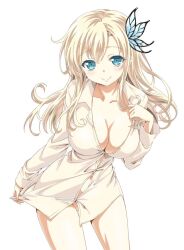 Rule 34 | 1girl, aqua eyes, blonde hair, boku wa tomodachi ga sukunai, bottomless, breasts, buriki (style), butterfly hair ornament, cleavage, closed mouth, clothes pull, commentary request, cowboy shot, hair ornament, kashiwazaki sena, large breasts, leaning forward, light smile, long hair, looking at viewer, official style, pulled by self, shirt, shirt pull, simple background, solo, unbuttoned, unbuttoned shirt, watanabe yoshihiro, white background, white shirt