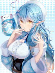 Rule 34 | 1girl, ahoge, blue hair, blue nails, breasts, center frills, cleavage, closed mouth, crossed bangs, cup, elf, fingernails, fingers to mouth, frills, fur-trimmed jacket, fur-trimmed sleeves, fur trim, hair between eyes, half updo, heart, heart ahoge, highres, holding, holding cup, hololive, jacket, large breasts, long hair, looking at viewer, misago (525), nail polish, pointy ears, pursed lips, sharp fingernails, sidelocks, solo, virtual youtuber, yellow eyes, yukihana lamy