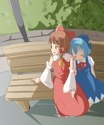 Rule 34 | 2girls, :o, ahoge, ascot, bench, blue bow, blue dress, blue hair, blush stickers, bow, bowtie, brown eyes, brown hair, cirno, collar, commentary request, detached sleeves, dress, hair bow, hair tubes, hakurei reimu, highres, japanese clothes, leaning on person, leaning to the side, miko, multiple girls, nature, nontraditional miko, pa. (tatuya28001), pole, red bow, red skirt, red vest, shirt, short hair, short sleeves, side-by-side, sitting, skirt, sleeping, sleeping on person, smile, sweatdrop, touhou, vest, white shirt