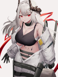 Rule 34 | 1girl, absurdres, arknights, black collar, black sports bra, bodysuit, breasts, cleavage, collar, collarbone, cowboy shot, demon horns, ear piercing, elite ii (arknights), grey hair, groin, hair ornament, highres, holding, holding weapon, horns, infection monitor (arknights), large breasts, material growth, mea (hwaksal), mudrock (arknights), mudrock (elite ii) (arknights), open bodysuit, open clothes, oripathy lesion (arknights), piercing, pointy ears, red eyes, red ribbon, ribbon, sideboob, simple background, solo, sports bra, strap slip, war hammer, weapon, white background, white bodysuit