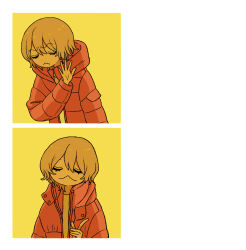 Rule 34 | 1girl, :&lt;, closed mouth, coat, collared coat, drakeposting (meme), index finger raised, limited palette, meme, open clothes, open coat, original, panda23577667, red coat, solo, template, turning head, white background, yellow background