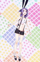 Rule 34 | alternate costume, animal ears, black shorts, blush stickers, bobby socks, bow, breasts, brooch, crop top, detached collar, fake animal ears, footwear bow, full body, high collar, highres, jewelry, jumping, long hair, looking at viewer, mary janes, midriff, multicolored background, navel, open mouth, purple eyes, purple hair, rabbit ears, rabbit tail, saki, shirt, shoes, short shorts, shorts, sleeveless, sleeveless shirt, small breasts, socks, solo, suehara kyouko, suspender shorts, suspenders, tail, white len (tsukihime), white shirt, white socks, wrist cuffs, yaku yojino
