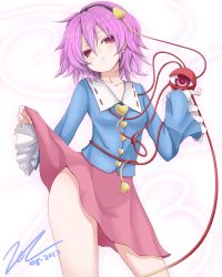 Rule 34 | 1girl, bare legs, blue shirt, clothes lift, commentary request, contrapposto, dated, hair between eyes, hairband, head tilt, heart, holding, komeiji satori, lifting own clothes, long sleeves, looking at viewer, pink skirt, purple hair, red eyes, scarlet zel, shirt, signature, skirt, skirt lift, solo, standing, thighs, third eye, touhou, wide sleeves