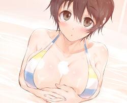 Rule 34 | 1girl, :o, arms under breasts, bikini, blush, breasts, brown hair, cleavage, collarbone, dutch angle, hair between eyes, highres, idolmaster, idolmaster cinderella girls, interlocked fingers, kiyu rei, large breasts, looking at viewer, multicolored bikini, multicolored clothes, oikawa shizuku, own hands together, partially submerged, skindentation, soap bubbles, solo, steam, swimsuit, wet, wet hair