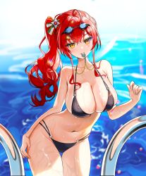 Rule 34 | 1girl, absurdres, azur lane, bikini, black bikini, breasts, collarbone, goggles, goggles on head, highres, huge filesize, hyoin, large breasts, looking at viewer, navel, pool, red hair, side ponytail, skindentation, solo, swimsuit, thigh gap, water, wet, whistle, wide hips, yellow eyes, zara (azur lane), zara (poolside coincidence) (azur lane)