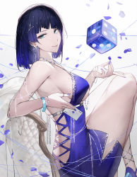 Rule 34 | 1girl, ace (playing card), ace of spades, bad id, bad pixiv id, bare legs, black hair, blue footwear, blue hair, blue nails, bracelet, breasts, butt crack, card, closed mouth, cross-laced clothes, cross-laced dress, diagonal bangs, dice, dress, earrings, genshin impact, green eyes, high heels, highres, holding, holding card, jewelry, large breasts, looking at viewer, mole, mole on breast, multicolored hair, nail polish, necklace, playing card, qiandaiyiyu, ring, short hair, side slit, sideboob, sitting, sleeveless, sleeveless dress, smile, solo, spade (shape), thighs, two-tone hair, yelan (genshin impact)