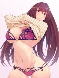 Rule 34 | 1girl, bikini, blush, breasts, dura, fate/grand order, fate (series), heart o-ring, heart ring top, highres, large breasts, long hair, looking at viewer, navel, purple bikini, purple hair, red eyes, scathach (fate), scathach (fate/grand order), scathach (swimsuit assassin) (fate), shiny skin, solo, star (symbol), swimsuit, undressing, very long hair