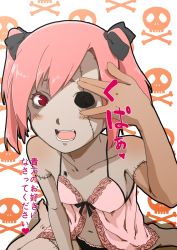Rule 34 | 1girl, @ @, bags under eyes, black panties, blush, highres, lingerie, maru (314), open mouth, original, panties, pink hair, red eyes, scar, short twintails, skull, stitches, translated, twintails, underwear, zombie