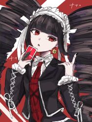 Rule 34 | 1girl, :o, black hair, black jacket, black nails, blunt bangs, card, celestia ludenberg, collared shirt, danganronpa: trigger happy havoc, danganronpa (series), drill hair, earrings, hands up, highres, holding, holding card, jacket, jewelry, long hair, nail polish, necktie, open clothes, open jacket, print necktie, red background, red eyes, red necktie, shirt, solo, twin drills, twintails, upper body, white background, white shirt, zui nianshao