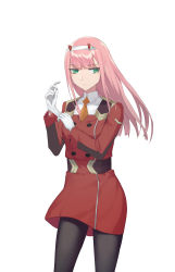 Rule 34 | 1girl, absurdres, adjusting clothes, adjusting gloves, alkaid, black pantyhose, closed mouth, darling in the franxx, dress, floating hair, gloves, green eyes, hairband, highres, horns, long hair, long sleeves, necktie, orange necktie, pantyhose, pink hair, red dress, short dress, short necktie, simple background, solo, standing, straight hair, uniform, white background, white gloves, white hairband, zero two (darling in the franxx)