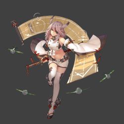 Rule 34 | 1girl, aircraft, airplane, animal ears, azur lane, bad id, bad pixiv id, bare shoulders, bell, belt, black gloves, bow, breasts, brown eyes, buttons, chrysanthemum, crop top, detached sleeves, do2mi doreimi, eyepatch, fighter jet, fingerless gloves, fingernails, flight deck, flower, full body, geta, gloves, grey background, groin, hair between eyes, hair over one eye, highres, hiyou (azur lane), horse ears, horse girl, jet, jingle bell, katana, kikumon, leg up, long fingernails, long hair, long sleeves, looking at viewer, medium breasts, midriff, military, military vehicle, musyne xsk, navel, official art, purple hair, red bow, ribbon-trimmed clothes, ribbon-trimmed sleeves, ribbon trim, scroll, sheath, sheathed, shirt, short shorts, shorts, sidelocks, simple background, sleeveless, sleeveless shirt, solo, standing, standing on one leg, stomach, sword, tachi-e, thighhighs, weapon, white shirt, white shorts, white thighhighs, wide sleeves, yellow eyes