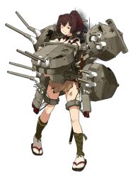 Rule 34 | 1girl, brown eyes, brown hair, damaged, full body, hair ribbon, high ponytail, ise (kancolle), kantai collection, katana, leg wrap, long hair, looking to the side, official art, one eye closed, open mouth, ponytail, red ribbon, ribbon, rigging, sandals, sheath, sheathed, shibafu (glock23), skirt, smoke, solo, soot, sword, tabi, torn clothes, transparent background, turret, weapon, wince