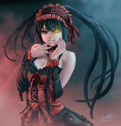 Rule 34 | 10s, 1girl, absurdres, bare shoulders, black hair, blush, breasts, cleavage, clock eyes, date a live, dress, hairband, heterochromia, highres, lasterk, lolita fashion, lolita hairband, long hair, looking at viewer, red eyes, smile, solo, symbol-shaped pupils, tokisaki kurumi, twintails, yellow eyes