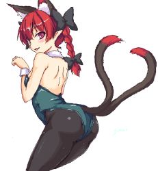 Rule 34 | 1girl, animal ears, ass, bare shoulders, blush, bow, braid, cat ears, cat girl, cat tail, extra ears, female focus, hair bow, isaki (gomi), kaenbyou rin, kittysuit, leotard, long hair, multiple tails, naughty face, nontraditional playboy bunny, pantyhose, playboy bunny, pointy ears, red eyes, red hair, simple background, solo, tail, touhou, white background, wrist cuffs