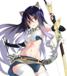 Rule 34 | 1girl, animal ears, arrow (projectile), bandeau, blue hair, breasts, holding, holding arrow, holding weapon, kuro work, midriff, miniskirt, navel, princess connect!, shiori (princess connect!), skirt, solo, tail, thighhighs, tiger ears, tiger tail, weapon, white thighhighs, yellow eyes