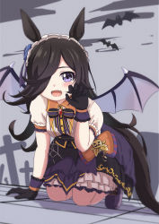 Rule 34 | 1girl, absurdres, animal ears, arm support, bad id, bad pixiv id, bat (animal), black bow, black bowtie, black gloves, black hair, black wings, blue flower, blue rose, bow, bowtie, brooch, claw pose, collared shirt, commentary, demon wings, fang, flower, frilled hairband, frilled skirt, frills, gloves, hair flower, hair ornament, hair over one eye, hairband, halloween, halloween costume, highres, horse ears, horse girl, horse tail, jack-o&#039;-lantern ornament, jewelry, kneeling, leaning forward, long hair, looking at viewer, medium skirt, onomaoo, open mouth, orange bow, puffy short sleeves, puffy sleeves, purple eyes, purple footwear, purple skirt, rice shower (make up vampire!) (umamusume), rice shower (umamusume), rose, shirt, shoes, short sleeves, skirt, smile, solo, tail, umamusume, white hairband, white shirt, wings