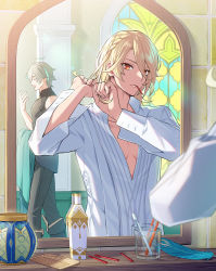 Rule 34 | 2boys, adjusting hair, alhaitham (genshin impact), aqua hair, blonde hair, closed eyes, closed mouth, comb, cup, dress shirt, dressing, feathers, genshin impact, grey hair, hair between eyes, hair ornament, hairclip, kaveh (genshin impact), male focus, meiji (meiji770), mirror, morning, mouth hold, multicolored hair, multiple boys, open mouth, pants, red eyes, shirt, stained glass, toothbrush, twitter username, unworn hair ornament, unworn hairclip, white shirt