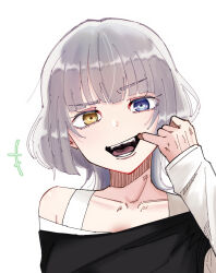 Rule 34 | 1girl, bang dream!, bang dream! it&#039;s mygo!!!!!, black shirt, blue eyes, commentary, finger in own mouth, hashtag-only commentary, heterochromia, highres, kaname raana, layered sleeves, long sleeves, looking at viewer, medium hair, off shoulder, open mouth, shirt, short over long sleeves, short sleeves, simple background, smile, solo, tsuyudashimirin, upper body, white background, wolf cut, yellow eyes