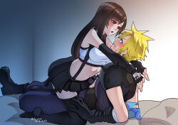 Rule 34 | 1boy, 1girl, assertive female, bare shoulders, black hair, black skirt, blonde hair, blue eyes, blush, breasts, cloud strife, commentary request, condom, condom box, condom packet strip, condom wrapper, couple, crop top, elbow gloves, face-to-face, final fantasy, final fantasy vii, final fantasy vii remake, fingerless gloves, gloves, hetero, highres, imminent kiss, large breasts, long hair, low-tied long hair, midriff, navel, red eyes, shikiwo, skirt, solo, spiked hair, straddling, suspender skirt, suspenders, tank top, tifa lockhart, upright straddle
