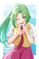Rule 34 | 1girl, ;d, blue sky, blush, border, collared shirt, colored eyelashes, commentary, cowboy shot, double v, green eyes, green hair, happy, highres, higurashi no naku koro ni, long hair, looking at viewer, necktie, one eye closed, open mouth, own hands together, parted bangs, pink skirt, pleated skirt, ponytail, red necktie, round teeth, shirt, short sleeves, signature, simple background, skirt, sky, smile, solo, sonozaki mion, straight hair, taiga sb, teeth, tsurime, twitter username, v, very long hair, white border, white shirt