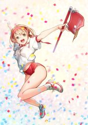 Rule 34 | 1girl, :d, akisa yositake, bare legs, blonde hair, buruma, confetti, fate/grand order, fate (series), flag, full body, green eyes, gym uniform, hairband, holding, holding flag, legs, looking at viewer, name tag, nero claudius (fate), nero claudius (fate) (all), nero claudius (olympian bloomers) (fate), official alternate costume, open mouth, outstretched arms, puffy short sleeves, puffy sleeves, red buruma, shirt, shoes, short sleeves, sidelocks, smile, sneakers, socks, solo, t-shirt, teeth, thighs, white shirt, white socks