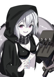 Rule 34 | 1girl, absurdres, abyssal ship, bikini, bikini top only, black scarf, blush, breasts, colored skin, cropped torso, grey hair, highres, hood, hood up, kantai collection, kokenashi, long sleeves, looking at viewer, medium breasts, nail polish, open mouth, pale skin, pink eyes, pink nails, re-class battleship, scarf, short hair, simple background, solo, swimsuit, tail, turret, upper body, white background, white skin