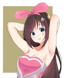 Rule 34 | 1girl, absurdres, alternate costume, armpits, arms behind back, arms up, ayuko (mochiayuko), azur lane, bare arms, bare shoulders, black hair, blue eyes, blush, bow, breasts, cleavage, closed mouth, collarbone, commentary request, female focus, green background, hair between eyes, hair bow, hair ornament, hairband, hairclip, highres, kizuna ai, kizuna ai (anniversary), kizuna ai inc., lips, long hair, looking at viewer, medium breasts, pink bow, pink hairband, pink lips, pink tubetop, simple background, solo, strapless, tube top, upper body, very long hair, virtual youtuber