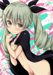 Rule 34 | 10s, 1girl, anchovy (girls und panzer), artist name, black cape, black ribbon, bottomless, cape, closed mouth, drill hair, girls und panzer, green hair, hair ribbon, long hair, looking at viewer, navel, pink eyes, ribbon, saz (sazin764), smile, solo, twin drills, twintails